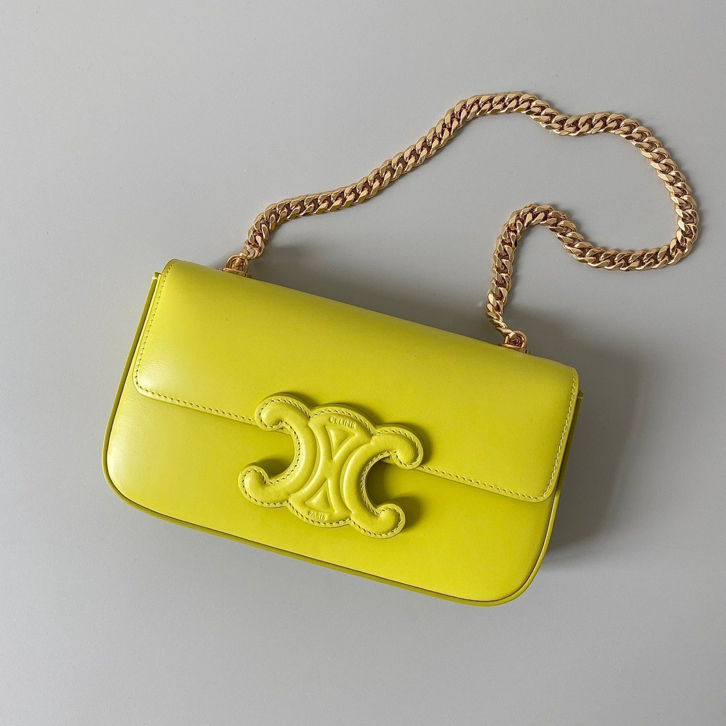 CELINE 20 CHAIN EMBOSSED ARMPIT BAG CHARTREUSE YELLOW CALFSKIN