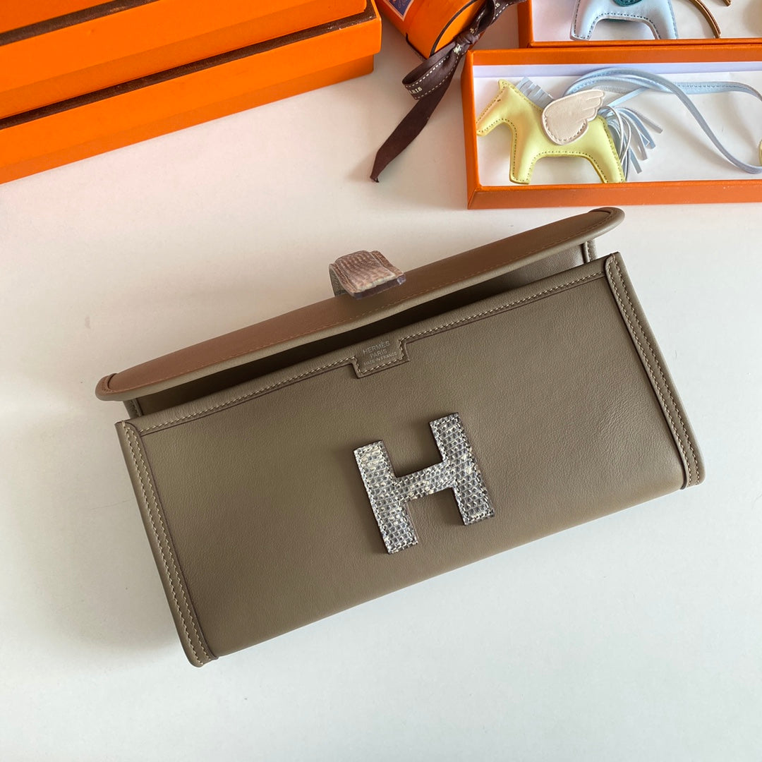 HERMES JIGE ELAN 29 CLUTCH IN CHOCOLATE BROWN CALFSKIN WITH WHTE LIZARD SKIN
