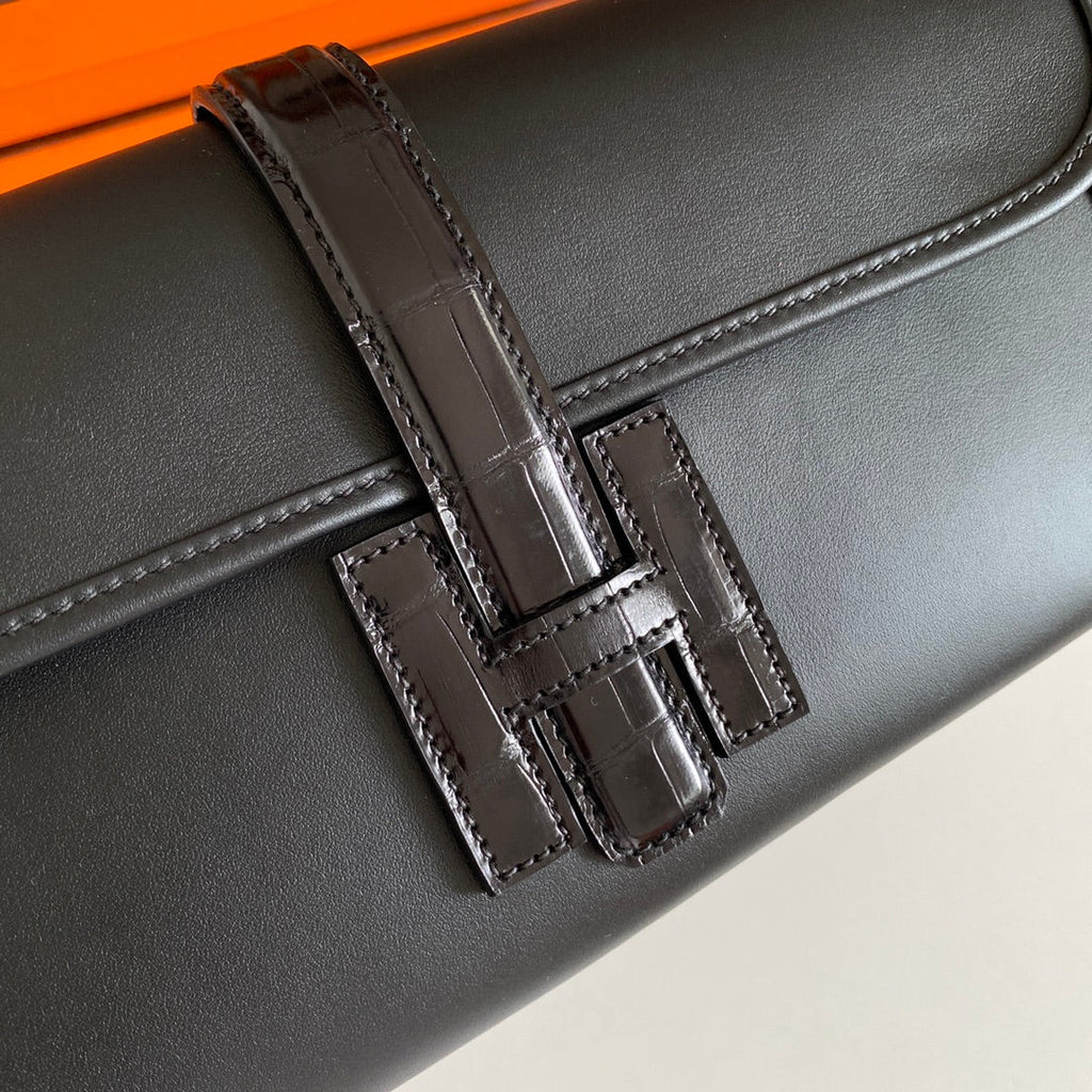 HERMES JIGE ELAN 29 CLUTCH IN BLACK CALFSKIN WITH LIZARD SKIN
