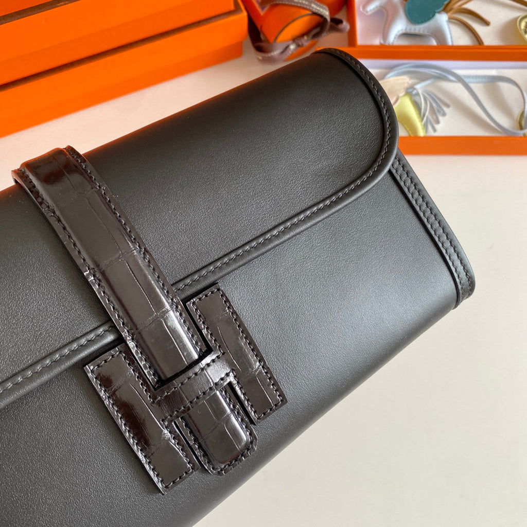 HERMES JIGE ELAN 29 CLUTCH IN BLACK CALFSKIN WITH LIZARD SKIN