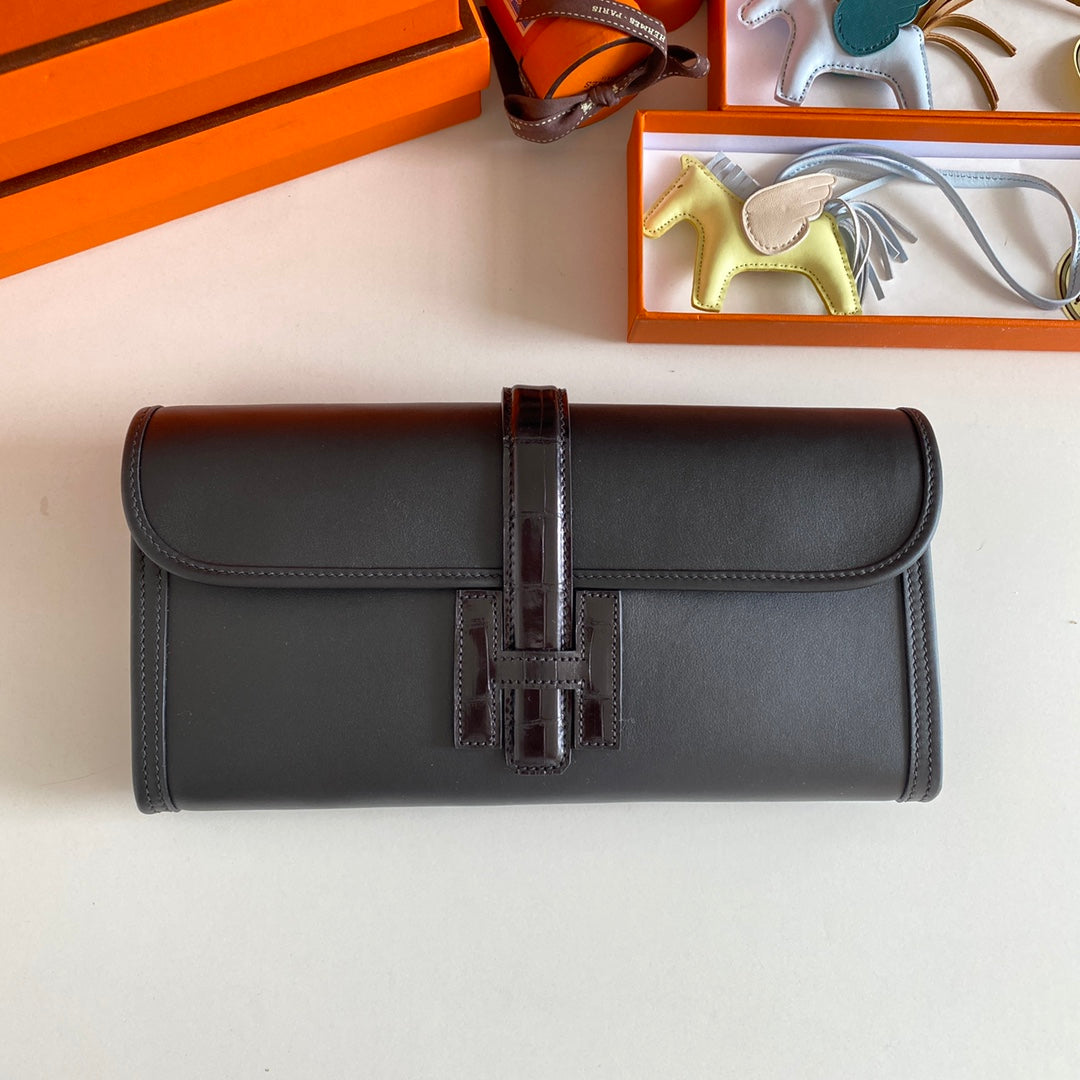 HERMES JIGE ELAN 29 CLUTCH IN BLACK CALFSKIN WITH LIZARD SKIN