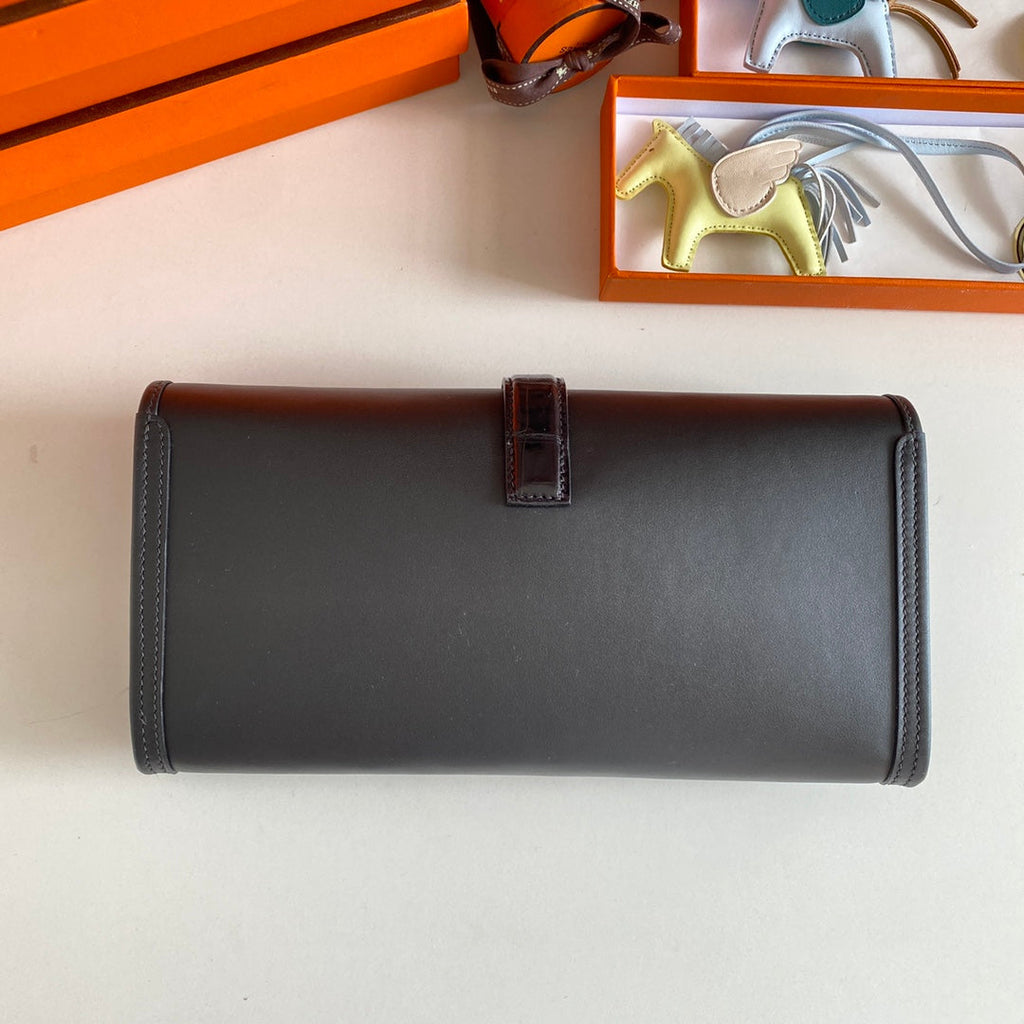 HERMES JIGE ELAN 29 CLUTCH IN BLACK CALFSKIN WITH LIZARD SKIN