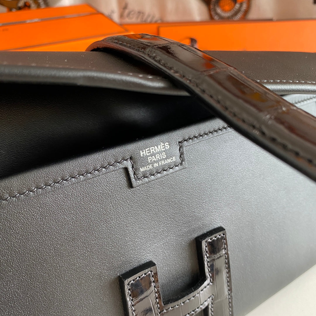 HERMES JIGE ELAN 29 CLUTCH IN BLACK CALFSKIN WITH LIZARD SKIN