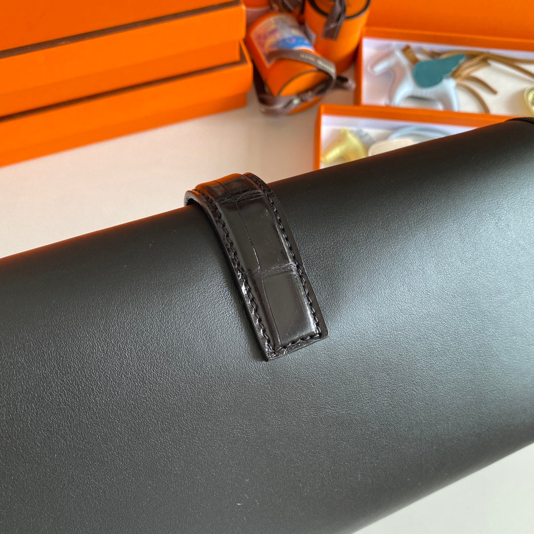 HERMES JIGE ELAN 29 CLUTCH IN BLACK CALFSKIN WITH LIZARD SKIN