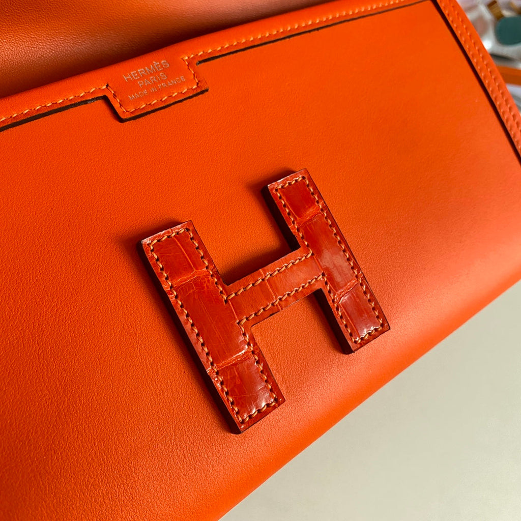 HERMES JIGE ELAN 29 CLUTCH IN BRIGHT ORANGE CALFSKIN WITH LIZARD SKIN