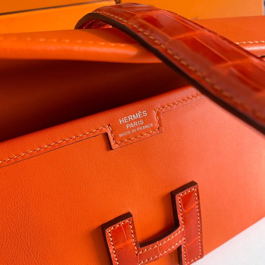 HERMES JIGE ELAN 29 CLUTCH IN BRIGHT ORANGE CALFSKIN WITH LIZARD SKIN