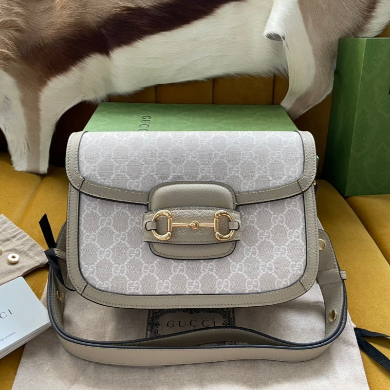 GUCCI HORSEBIT 1955 SADDLE BAG 25 IN WHITE CANVAS AND BEIGE CALFSKIN