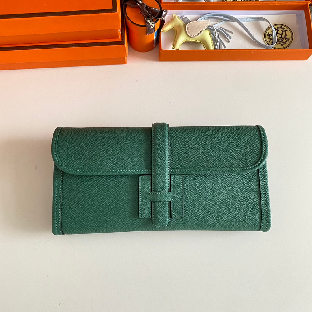 HERMES JIGE ELAN 29 CLUTCH IN FOREST GREEN CALFSKIN