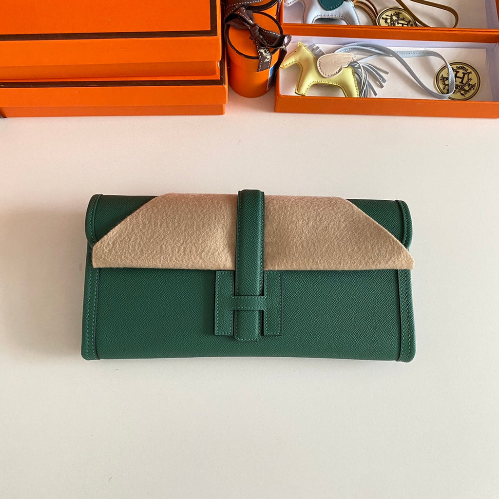 HERMES JIGE ELAN 29 CLUTCH IN FOREST GREEN CALFSKIN