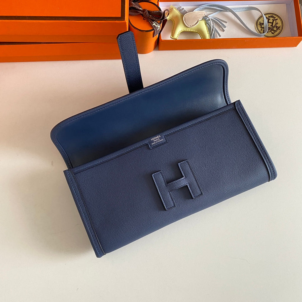 HERMES JIGE ELAN 29 CLUTCH IN NAVY BLUE CALFSKIN