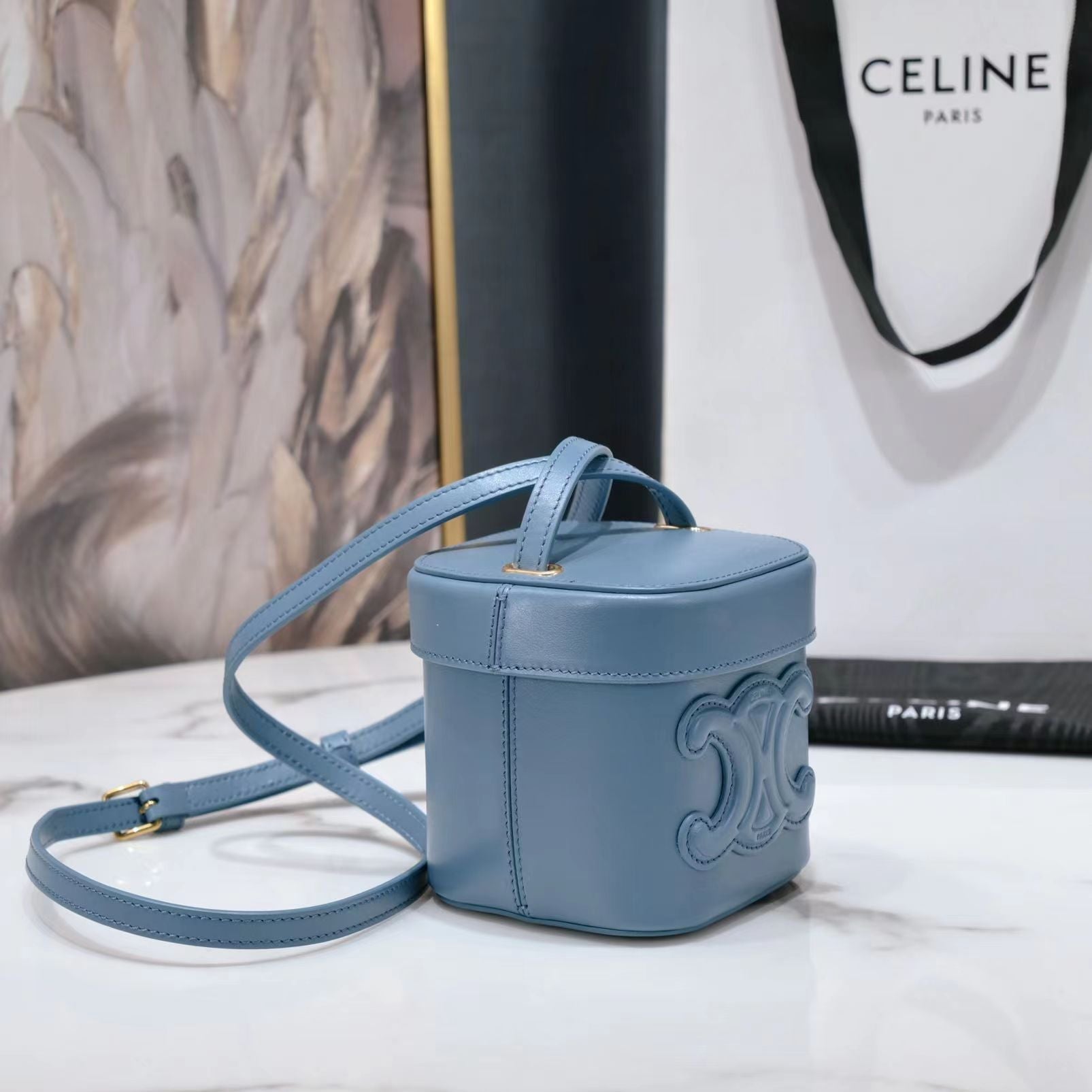 CELINE SQUARE BOX CROSSBODY BAG 11 AZURE BLUE CALFSKIN