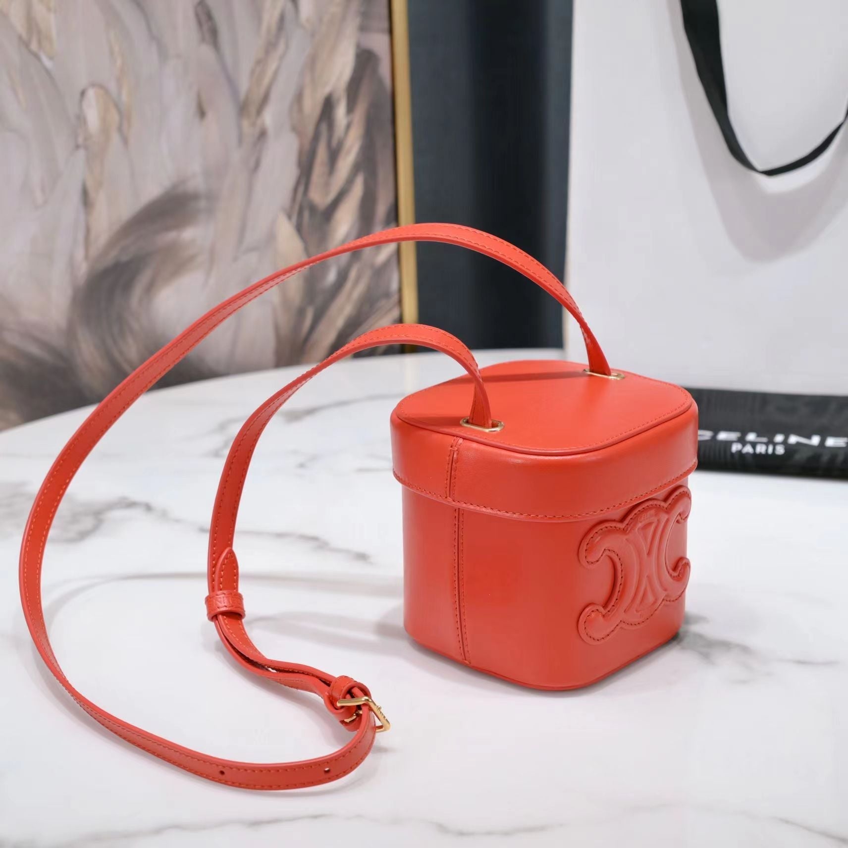 CELINE SQUARE BOX CROSSBODY BAG 11 FIRE ORANGE CALFSKIN
