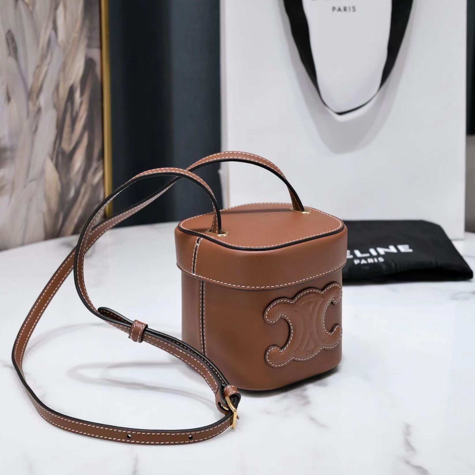 CELINE SQUARE BOX CROSSBODY BAG 11 CINNAMON BROWN CALFSKIN