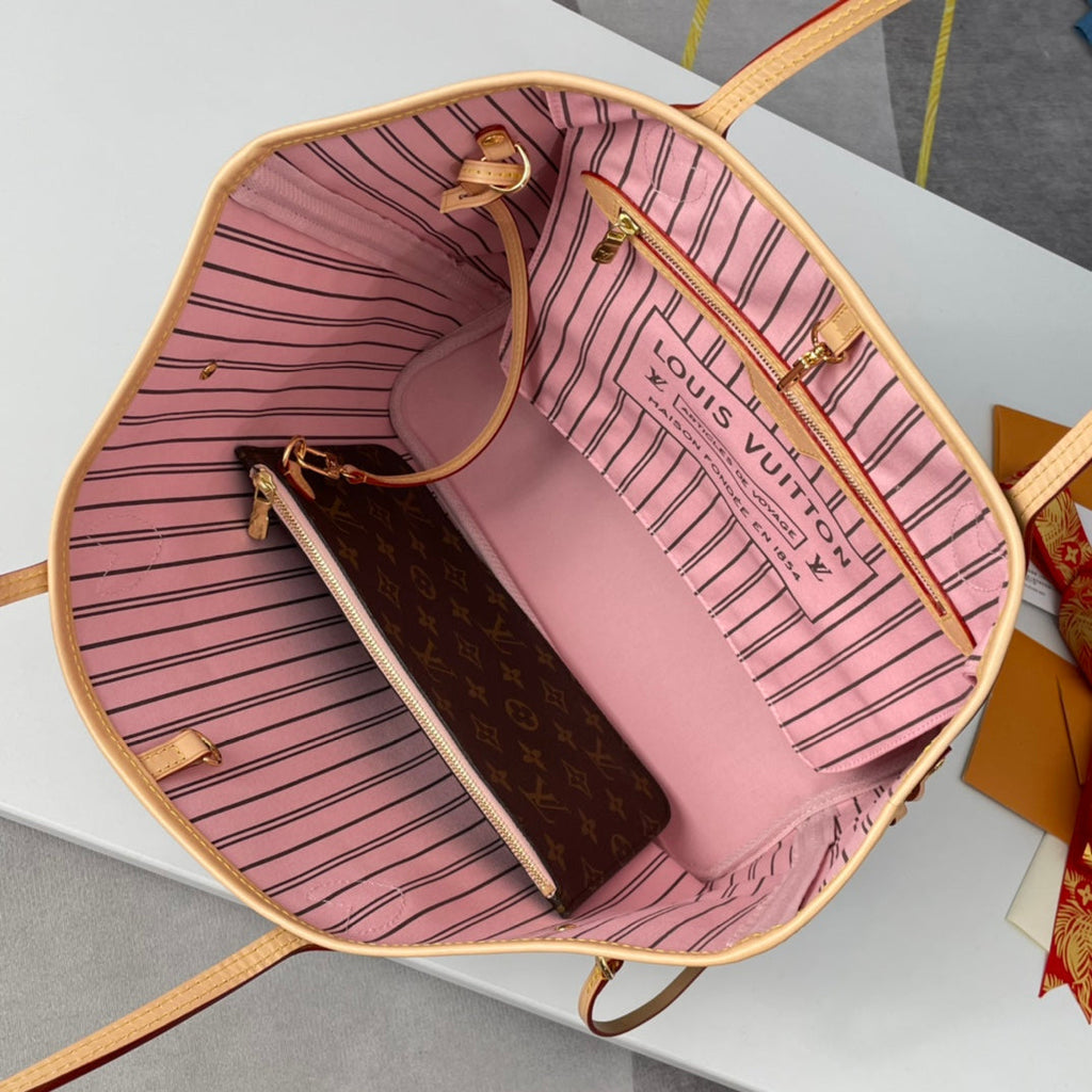 LOUIS VUITTON NEVERFULL MM 32 BROWN BEIGE PINK MONOGRAM CANVAS