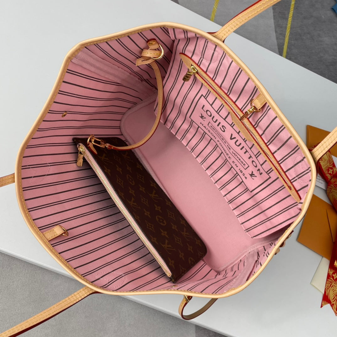 LOUIS VUITTON NEVERFULL MM 32 BROWN BEIGE PINK MONOGRAM CANVAS