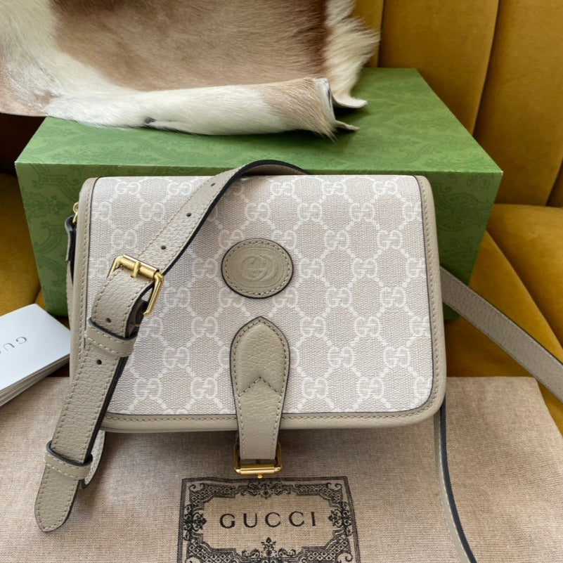 GUCCI MINI CROSSBODY 20 BAG WITH INTERLOCKING G IN BEIGE CANVAS