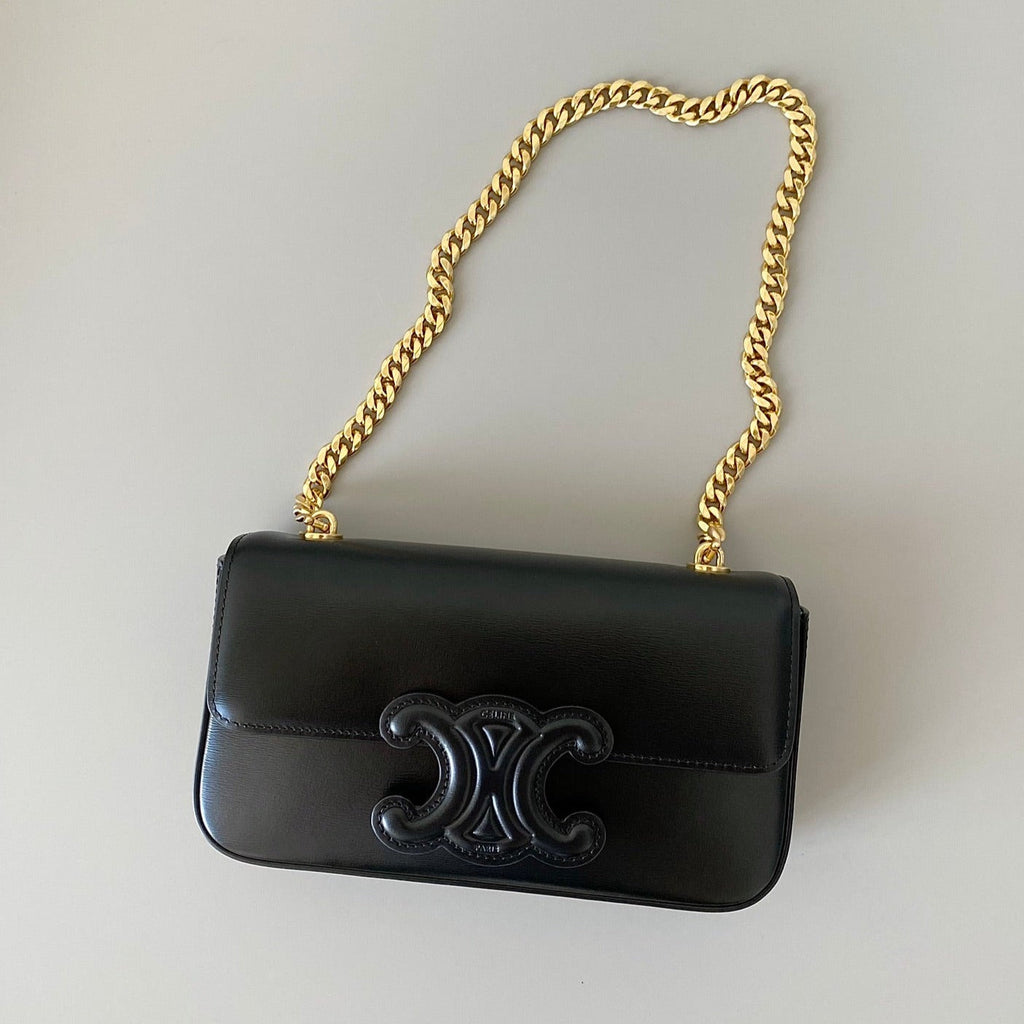 CELINE 20 CHAIN EMBOSSED ARMPIT BAG BLACK CALFSKIN