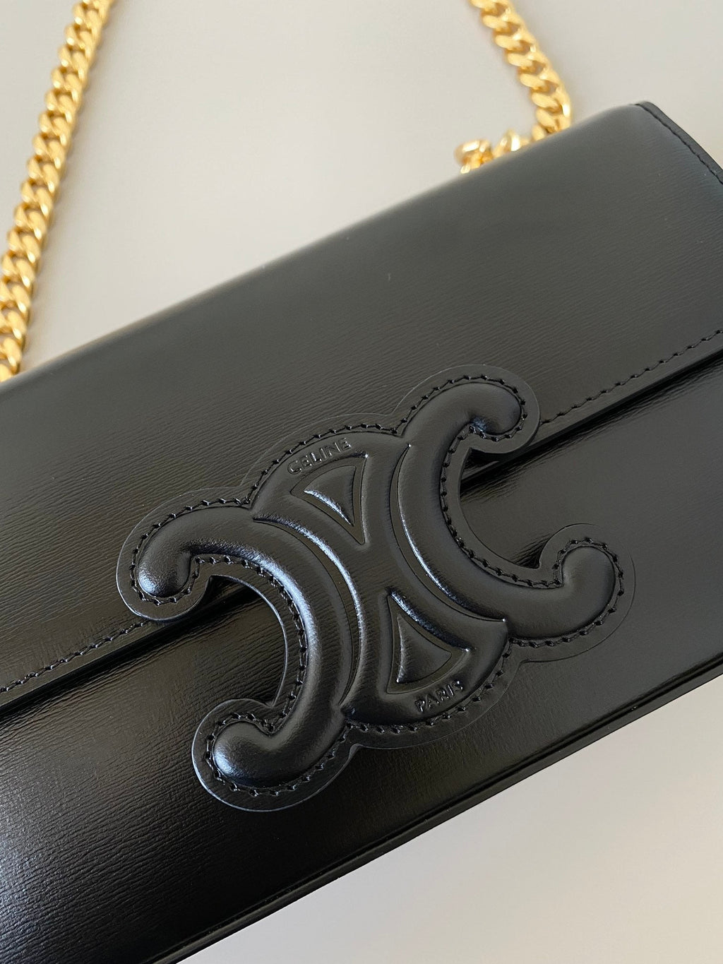 CELINE 20 CHAIN EMBOSSED ARMPIT BAG BLACK CALFSKIN