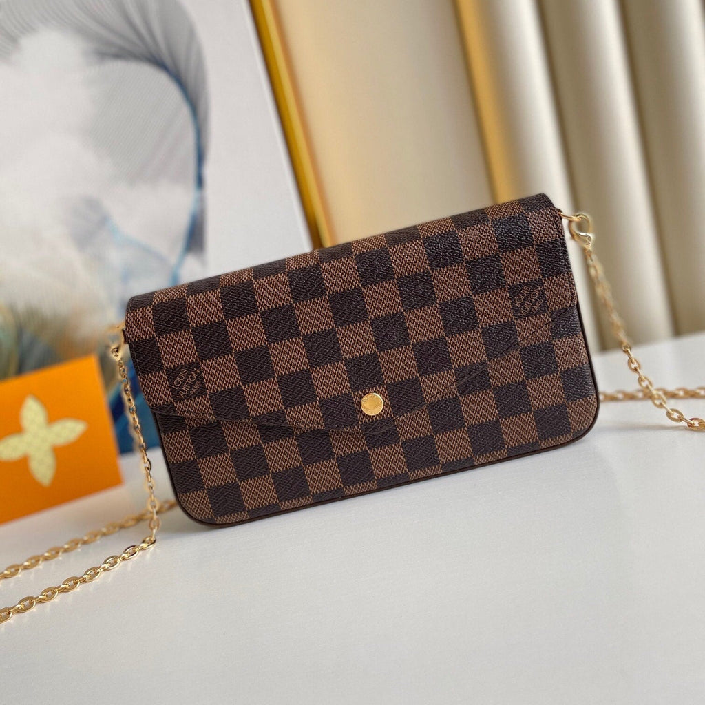 LOUIS VUITTON FÉLICIE POCHETTE 21 IN BROWN DAMIER EBENE COATED CANVAS GOLD HARDWARE