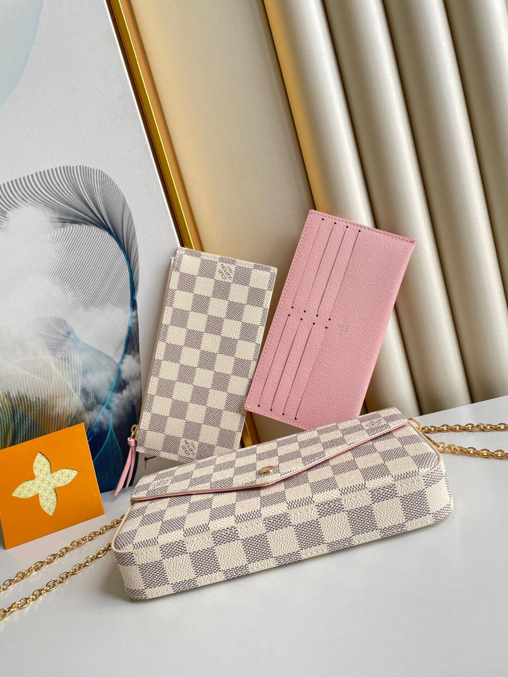 LOUIS VUITTON FÉLICIE POCHETTE 21 IN BLUE BEIGE DAMIER AZUR CANVAS GOLD HARDWARE