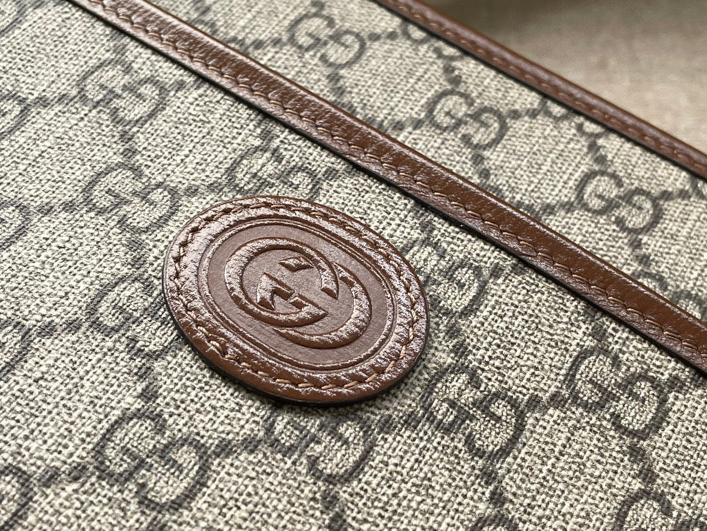 GUCCI BAG WITH INTERLOCKING G 22 IN BEIGE EBONY CANVAS AND BROWN CALFSKIN TRIM