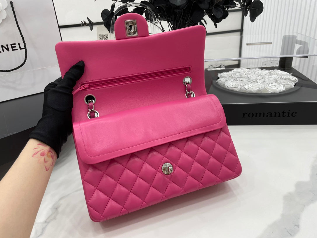 CHANEL 25 CLASSIC SMALL DOUBLE FLAP BAG IN BRIGHT PINK CALFSKIN WITH STRAP