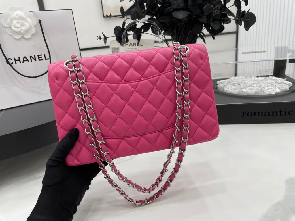 CHANEL 25 CLASSIC SMALL DOUBLE FLAP BAG IN BRIGHT PINK CALFSKIN WITH STRAP