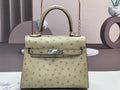 HERMES KELLY BAG 20 IN KHAKI TAN OSTRICH LEATHER WITH SILVER HARDWARE