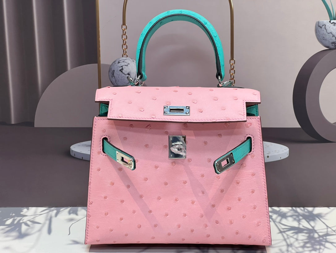 HERMES KELLY BAG 20 IN FLAMINGO PINK MIX CYAN BLUE OSTRICH LEATHER WITH SILVER HARDWARE
