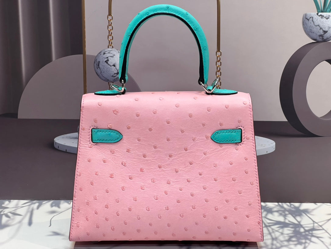 HERMES KELLY BAG 20 IN FLAMINGO PINK MIX CYAN BLUE OSTRICH LEATHER WITH SILVER HARDWARE