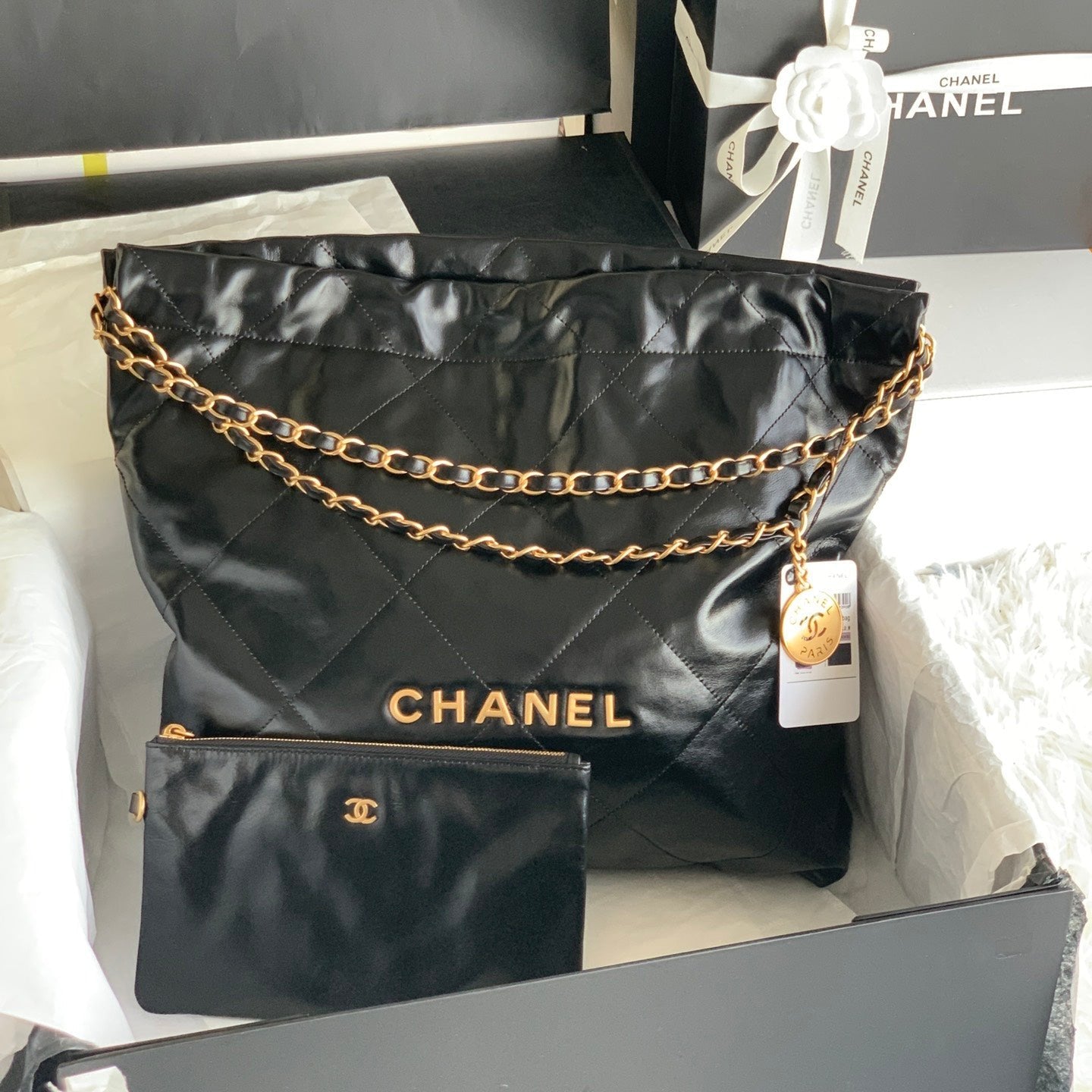 CHANEL LARGE 42 BAG IN BLACK CALFSKIN GOLD HARDWARE