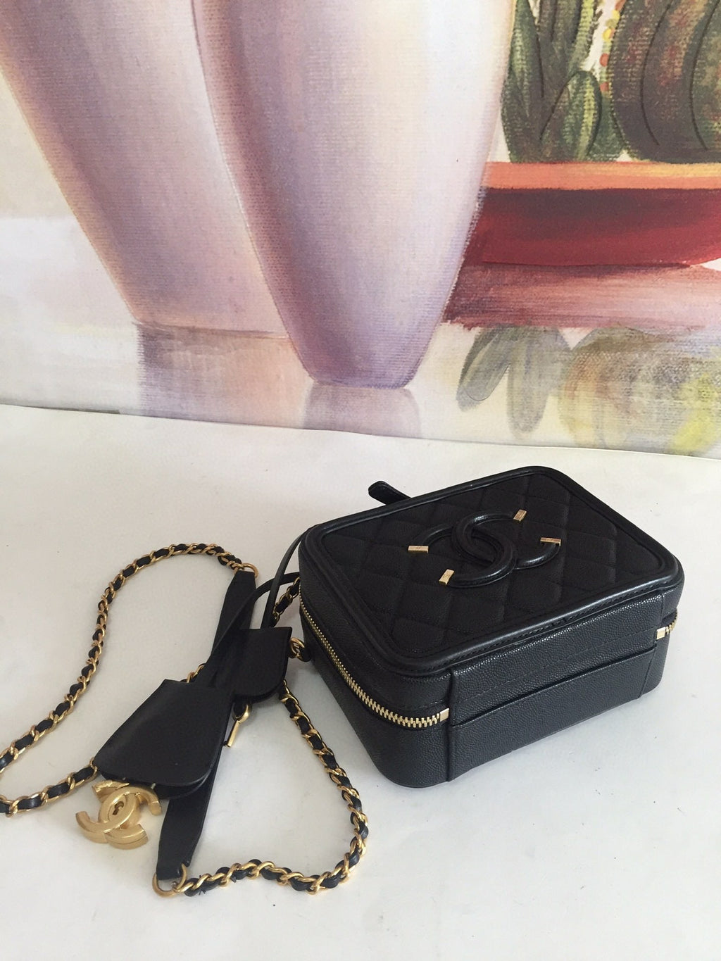 CHANEL MINI 17 VANITY CASE IN BLACK CALFSKIN GOLD HARDWARE