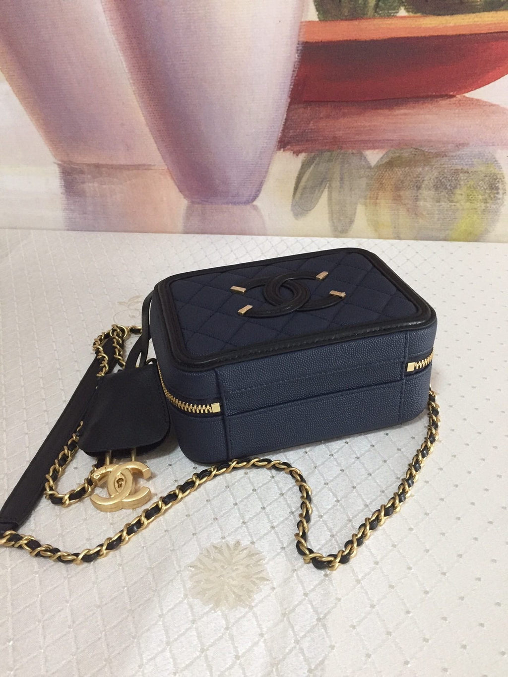 CHANEL MINI 17 VANITY CASE IN AEGEAN BLUE MIX BLACK CALFSKIN GOLD HARDWARE