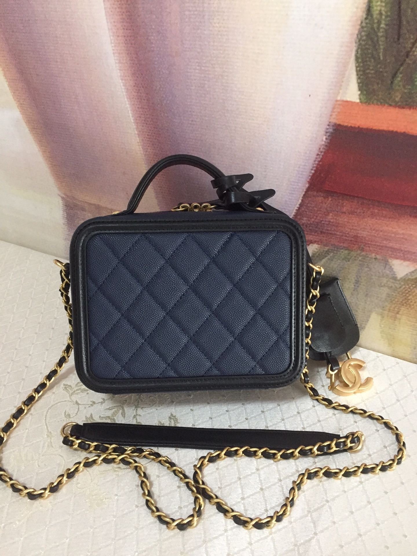 CHANEL MINI 17 VANITY CASE IN AEGEAN BLUE MIX BLACK CALFSKIN GOLD HARDWARE