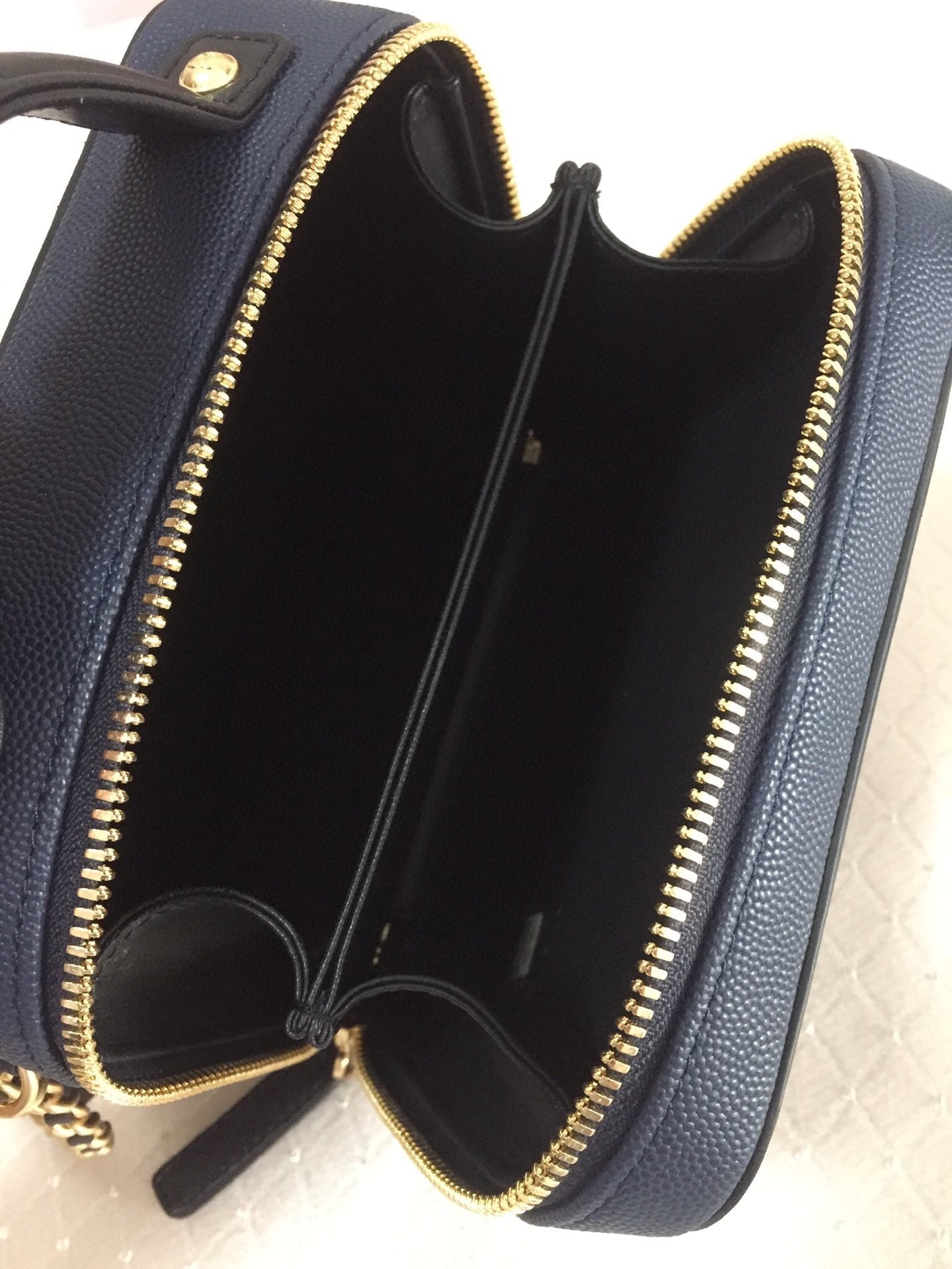 CHANEL MINI 17 VANITY CASE IN AEGEAN BLUE MIX BLACK CALFSKIN GOLD HARDWARE