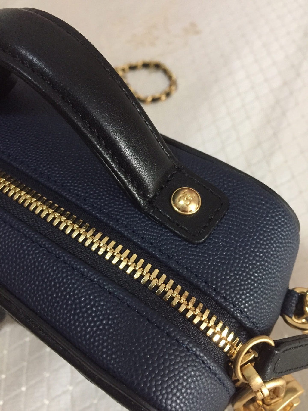 CHANEL MINI 17 VANITY CASE IN AEGEAN BLUE MIX BLACK CALFSKIN GOLD HARDWARE