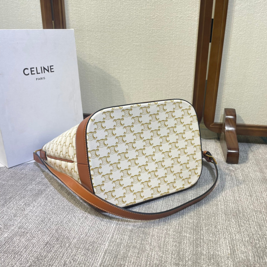 CELINE BUCKET 33 IN WHITE TRIOMPHE CANVAS AND BRONZE BROWN CALFSKIN TRIM
