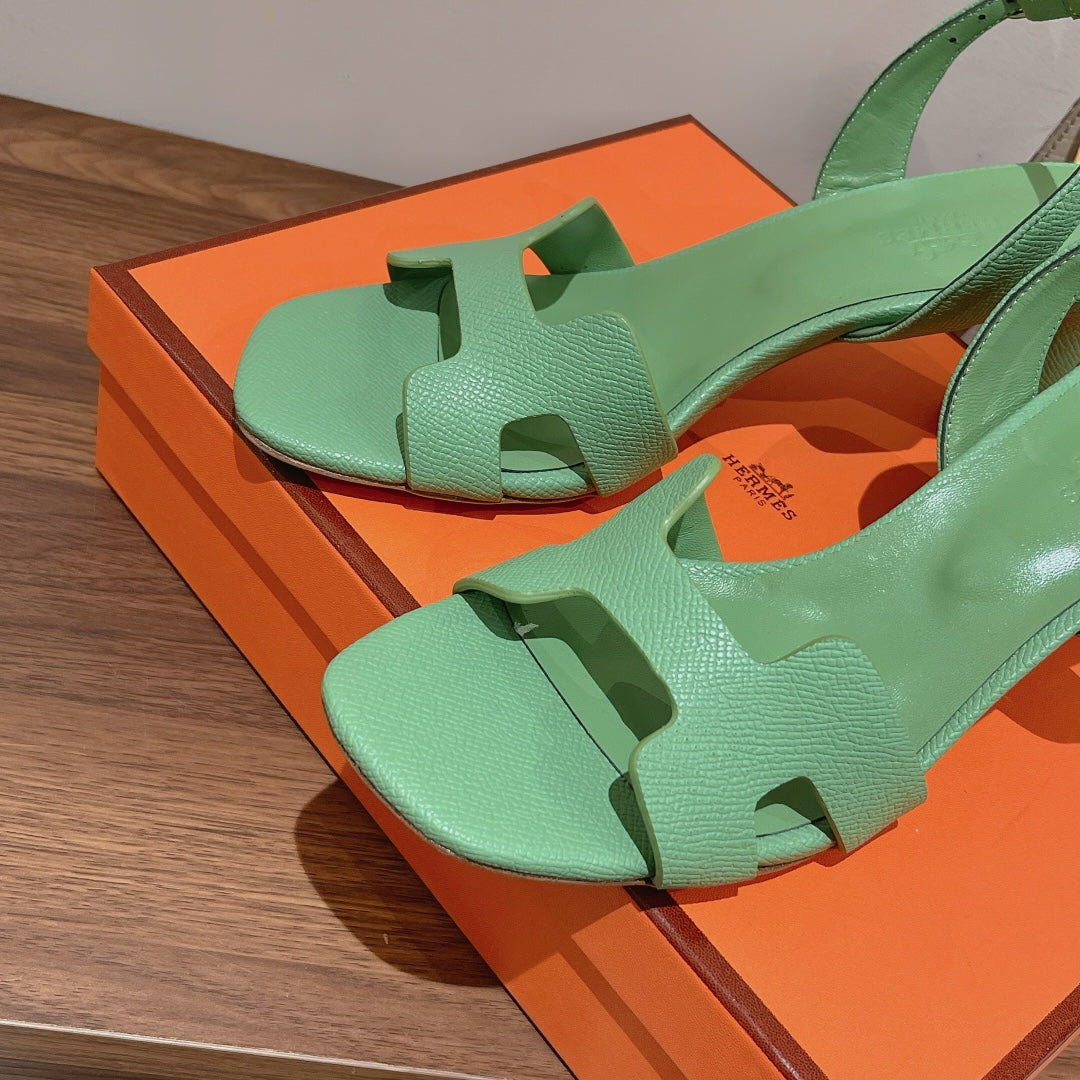 HERMES HOLY 75 SANDAL IN GREEN MINT GRAINED CALFSKIN