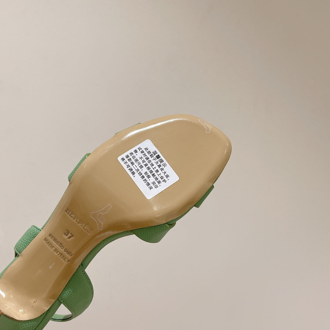 HERMES HOLY 75 SANDAL IN GREEN MINT GRAINED CALFSKIN