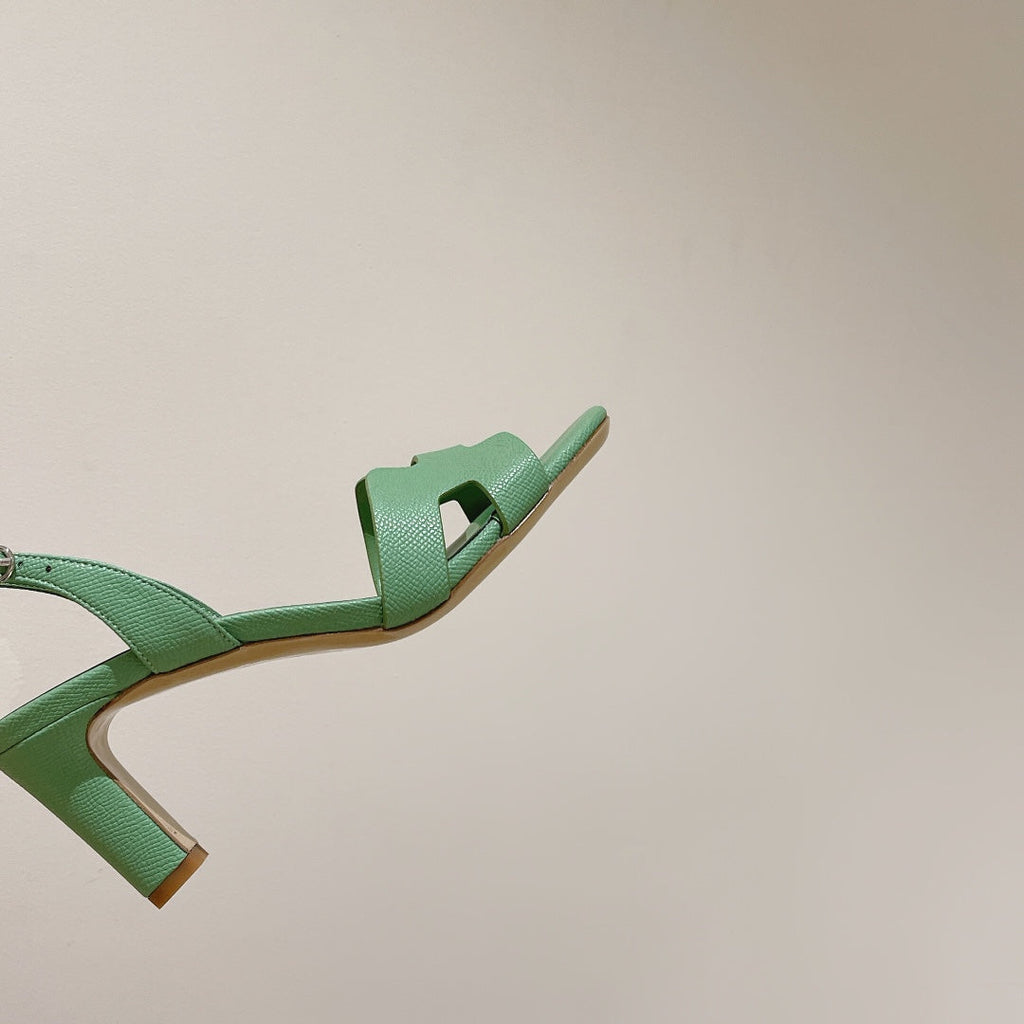 HERMES HOLY 75 SANDAL IN GREEN MINT GRAINED CALFSKIN
