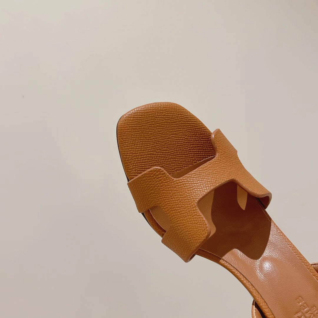 HERMES HOLY 75 SANDAL IN CINNAMON BROWN GRAINED CALFSKIN
