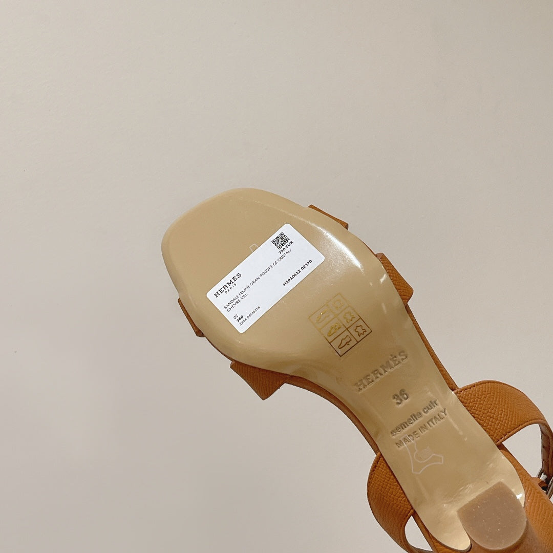 HERMES HOLY 75 SANDAL IN CINNAMON BROWN GRAINED CALFSKIN