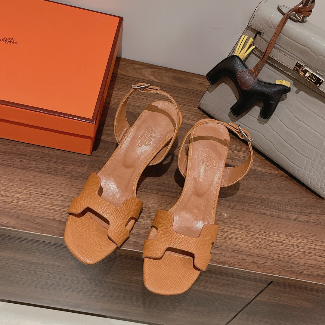 HERMES HOLY 75 SANDAL IN CINNAMON BROWN GRAINED CALFSKIN