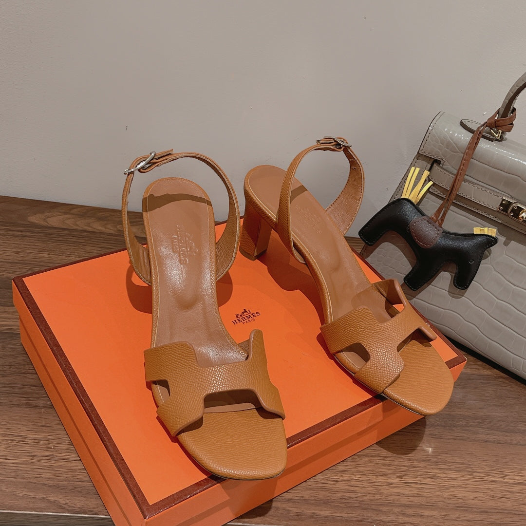 HERMES HOLY 75 SANDAL IN CINNAMON BROWN GRAINED CALFSKIN