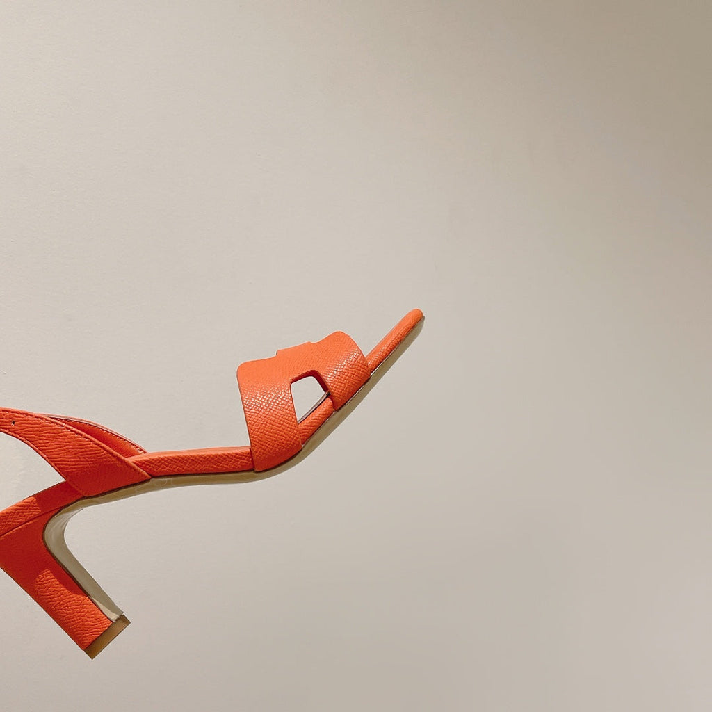 HERMES HOLY 75 SANDAL IN VIVID ORANGE GRAINED CALFSKIN