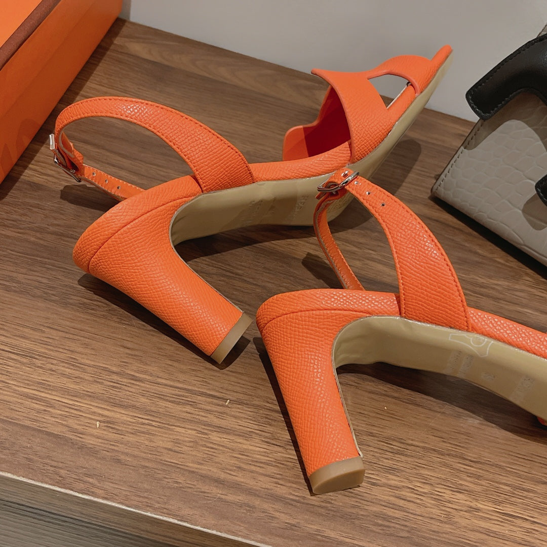 HERMES HOLY 75 SANDAL IN VIVID ORANGE GRAINED CALFSKIN