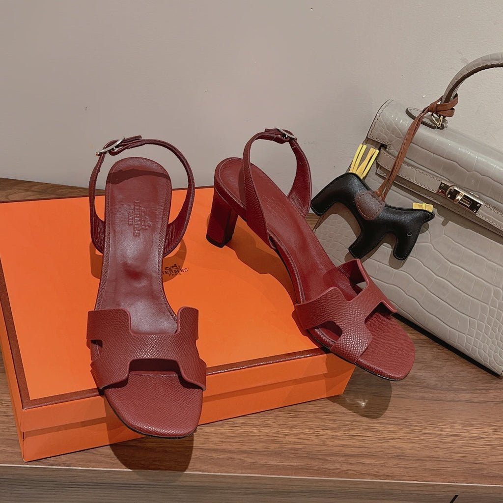 HERMES HOLY 75 SANDAL IN BERRY RED GRAINED CALFSKIN