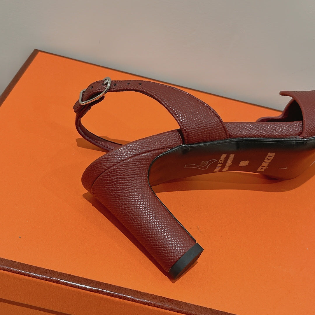 HERMES HOLY 75 SANDAL IN BERRY RED GRAINED CALFSKIN