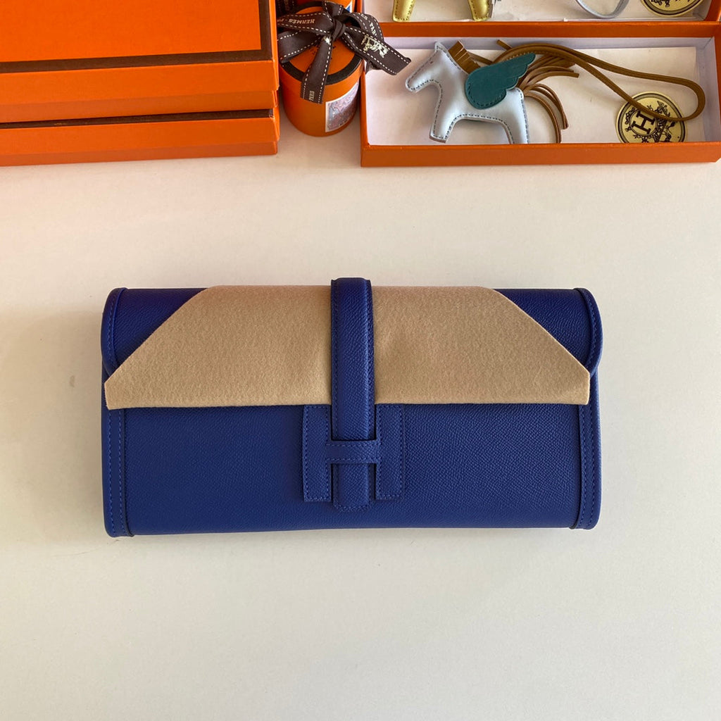 HERMES JIGE ELAN 29 CLUTCH IN COBALT BLUE CALFSKIN