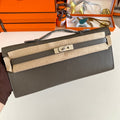 HERMES KELLY CUT 31 IN WOOD BROWN CALFSKIN WITH SILVER HARDWARE
